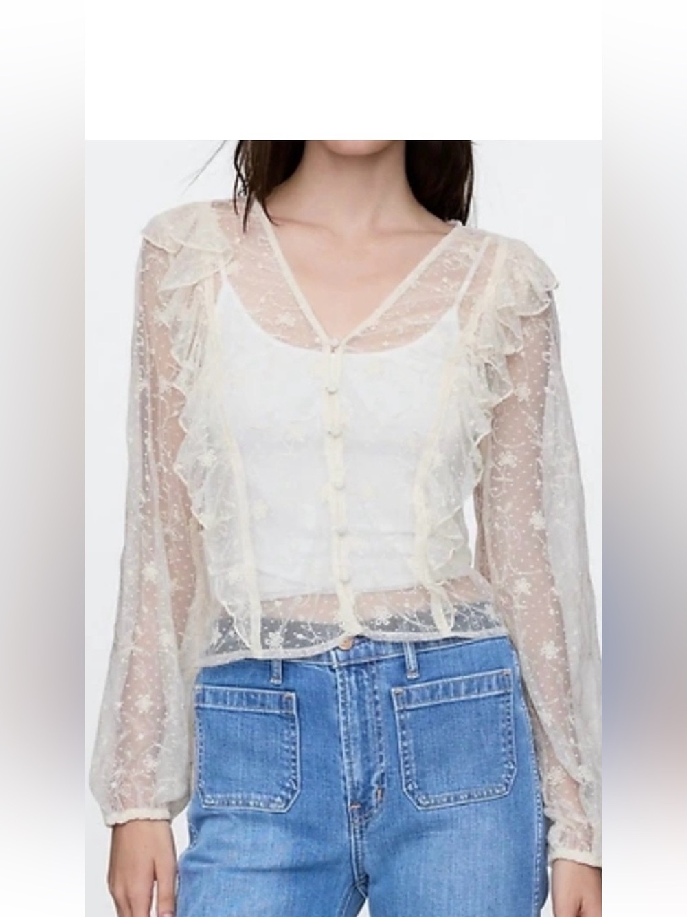 GAP Ivory Sheer Floral Lace Ruffle Blouse-CAMI- included w/ built in bra
